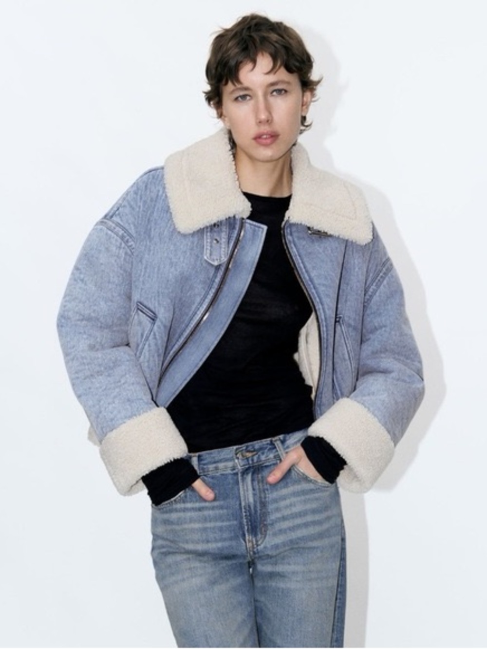 Zara Faux Shearling Denim Biker Jacket